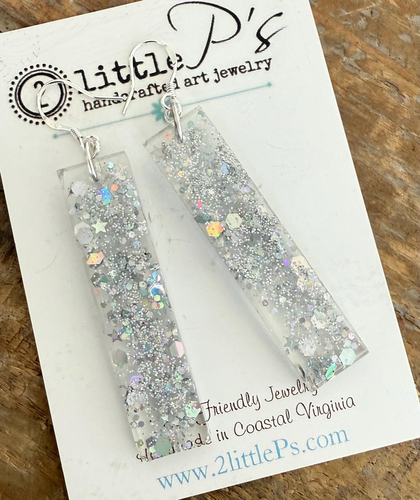 Silver Glitter Resin Earrings – Handmade Dangle Earrings with Holographic Sparkle
