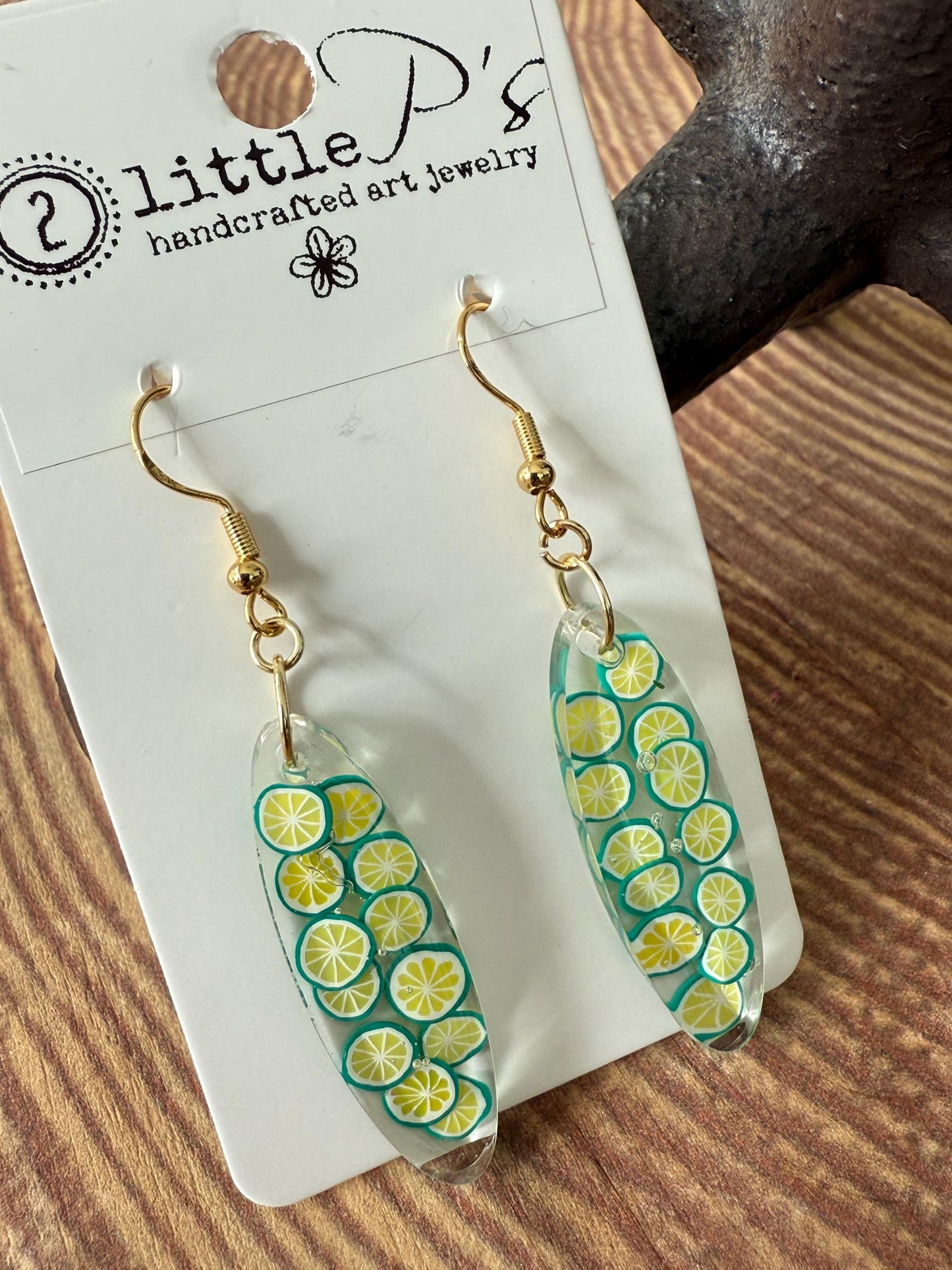 Lime Slice Resin Earrings – Handmade Citrus Dangle Earrings with Gold Hooks