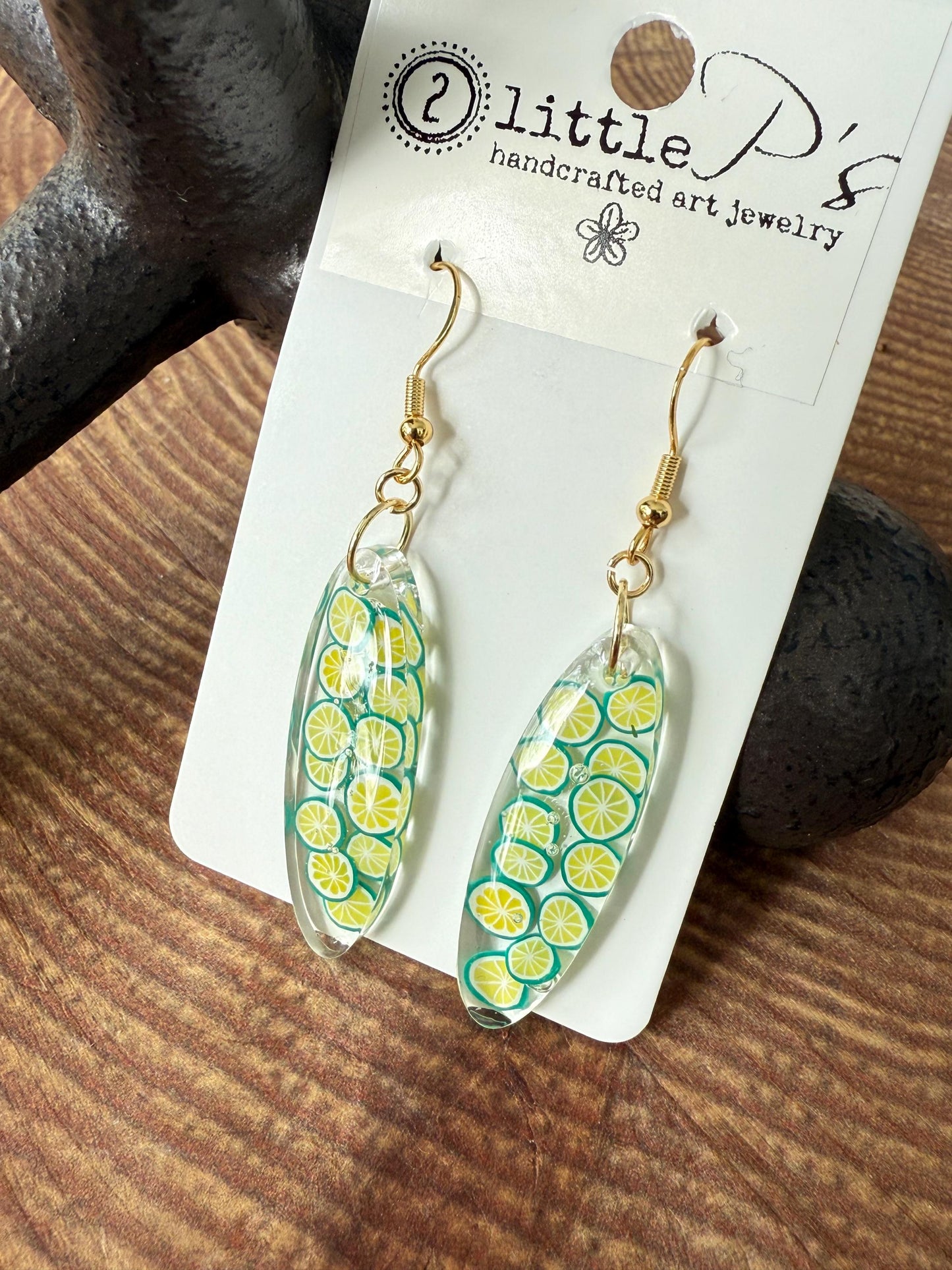 Lime Slice Resin Earrings – Handmade Citrus Dangle Earrings with Gold Hooks