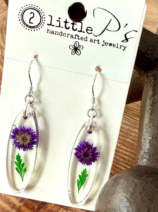 Purple Pressed Flower Earrings – Oval Resin Botanical Jewelry – Handmade Eco-Friendly Gift