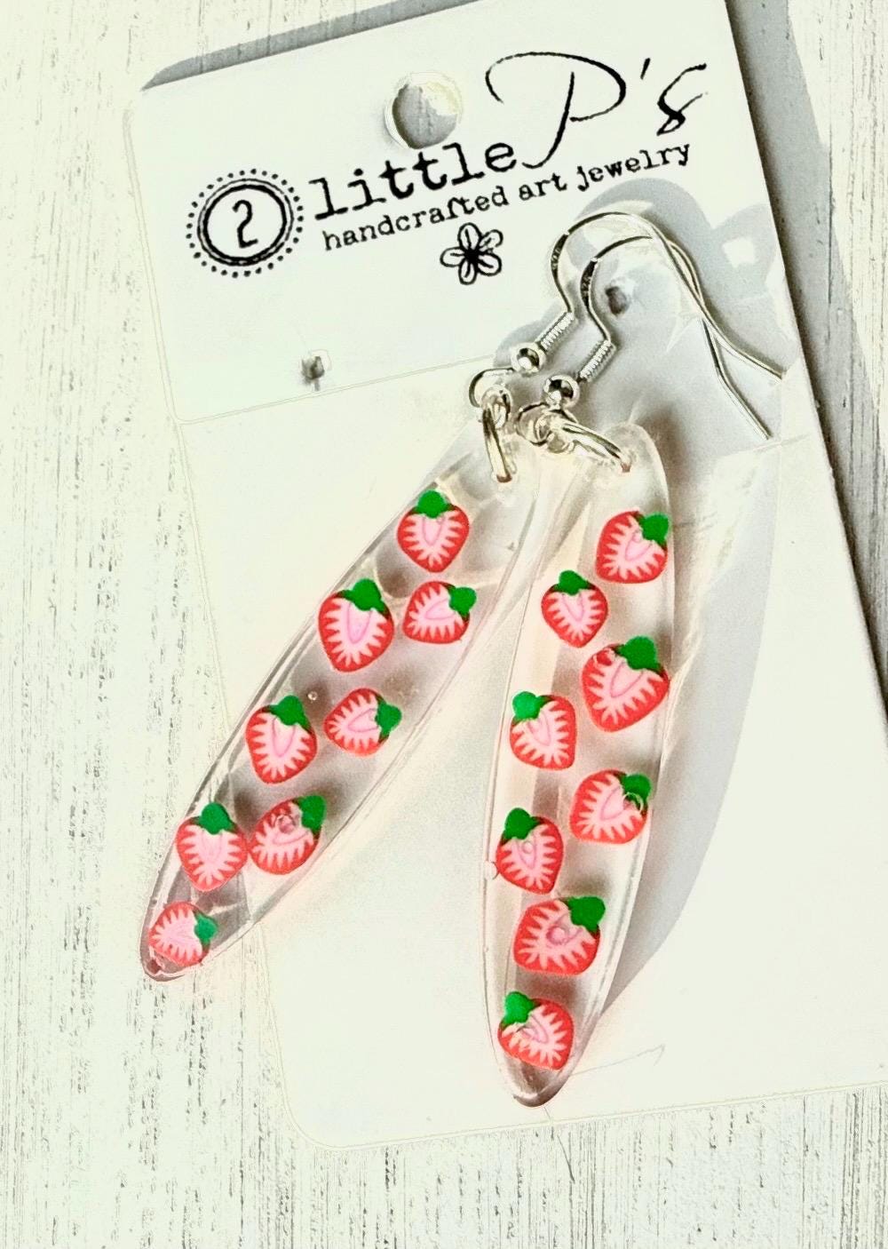 Handcrafted Strawberry Dangle Earrings – Resin Fruit Earrings – Cute Statement Jewelry – Gift for Her – Handmade by 2 Little P’s