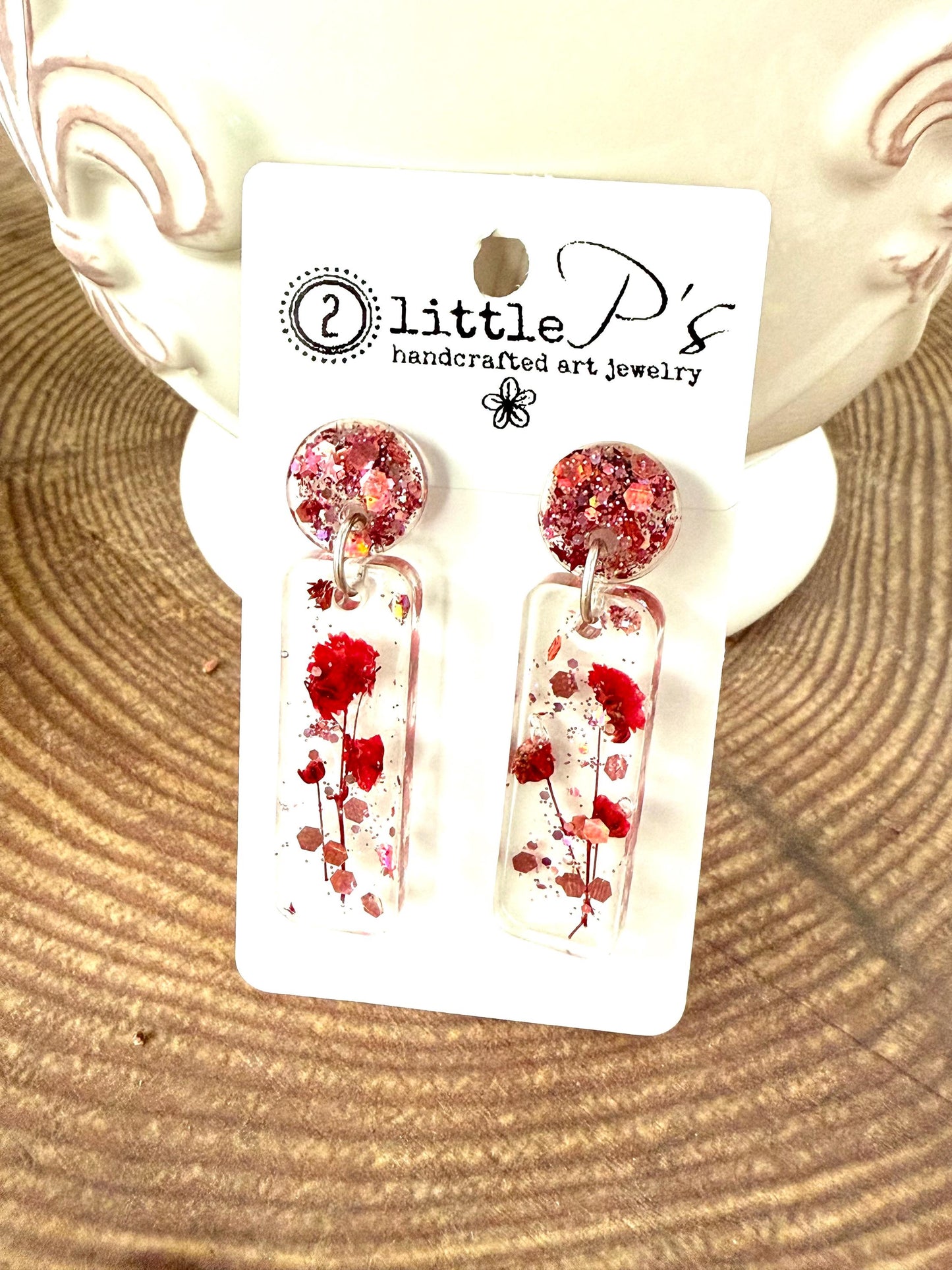 Blushing Bloom Resin Earrings – Pressed Flower Dangle Earrings with Pink Glitter Studs | Lightweight Handmade Gift
