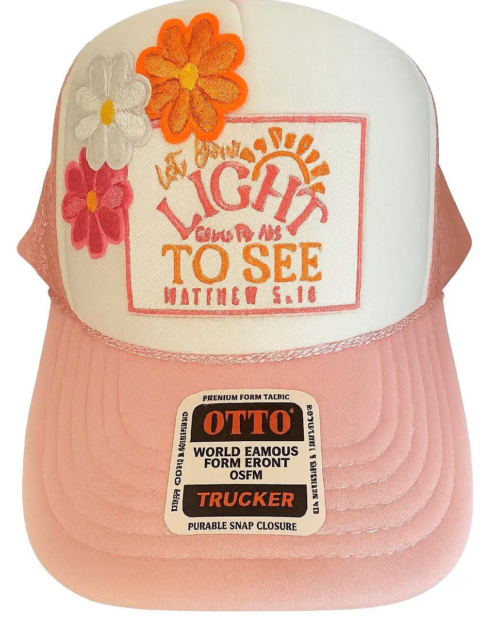 Christian Trucker Hat Women – Let Your Light Shine Matthew 5:16 – Embroidered Faith Hat – Scripture Cap – Floral Snapback Hat