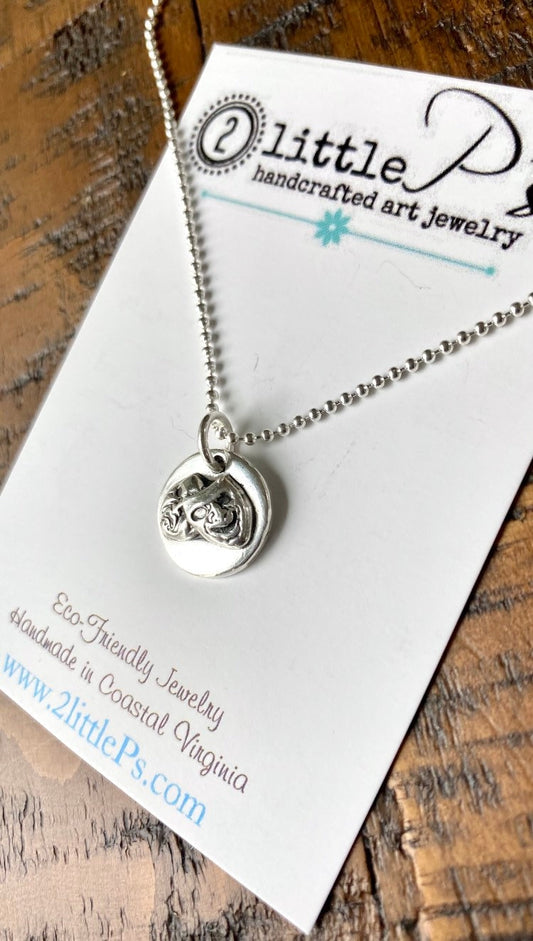 Comedy and Tragedy Charm, Handcrafted, Pure Silver, Comedy and Tragedy Pendant on 18 inch Oxidized Sterling Silver Bead Ball Chain