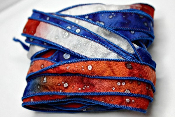 Silk Wrap Ribbon, Silk Ribbon Wrap ~  Red White and Blue Silk Wrap Ribbon - One Ribbon