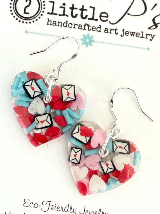 Valentine Love Letter Heart Earrings – Handmade Resin Dangles with Hearts, Lips & Envelopes