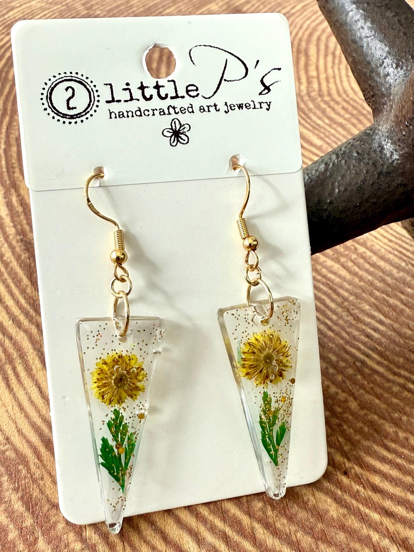 Real Dried Flower Resin Earrings – Handmade Gold Dangle Earrings with Yellow Blooms and Gold Flecks