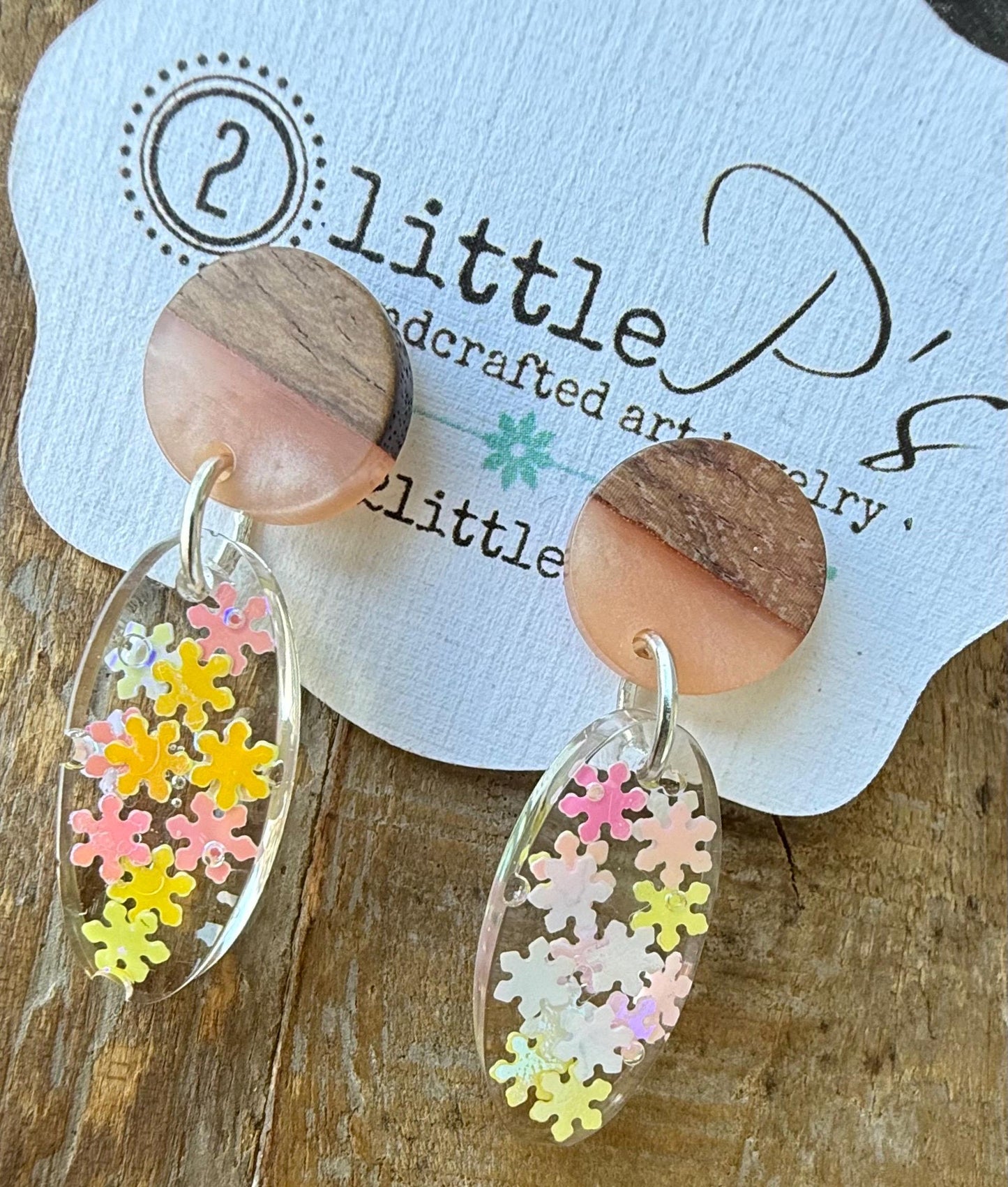 Handcrafted Resin Earrings with Colorful Confetti Flowers – Lightweight Wood & Resin Dangle Earrings