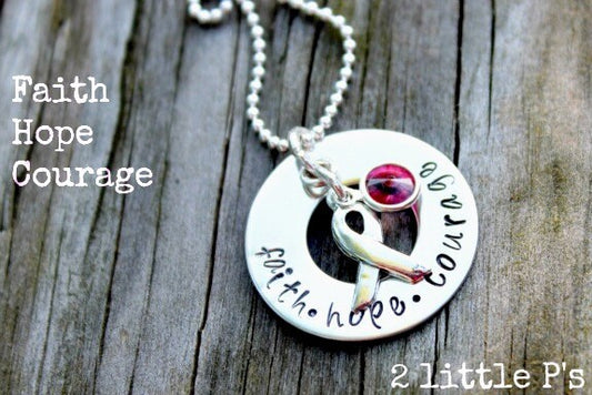 Cancer Awareness Jewelry, Inspirational  ~ Handstamped Sterling Silver Faith - Hope - Courage Infinity Awareness Necklace