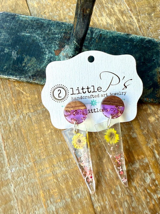Dried Flower & Wood Resin Earrings – Handcrafted Yellow Bloom Dangles with Purple Resin Tops