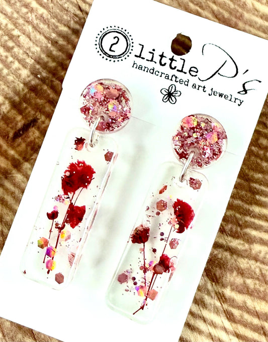 Blushing Bloom Resin Earrings – Pressed Flower Dangle Earrings with Pink Glitter Studs | Lightweight Handmade Gift