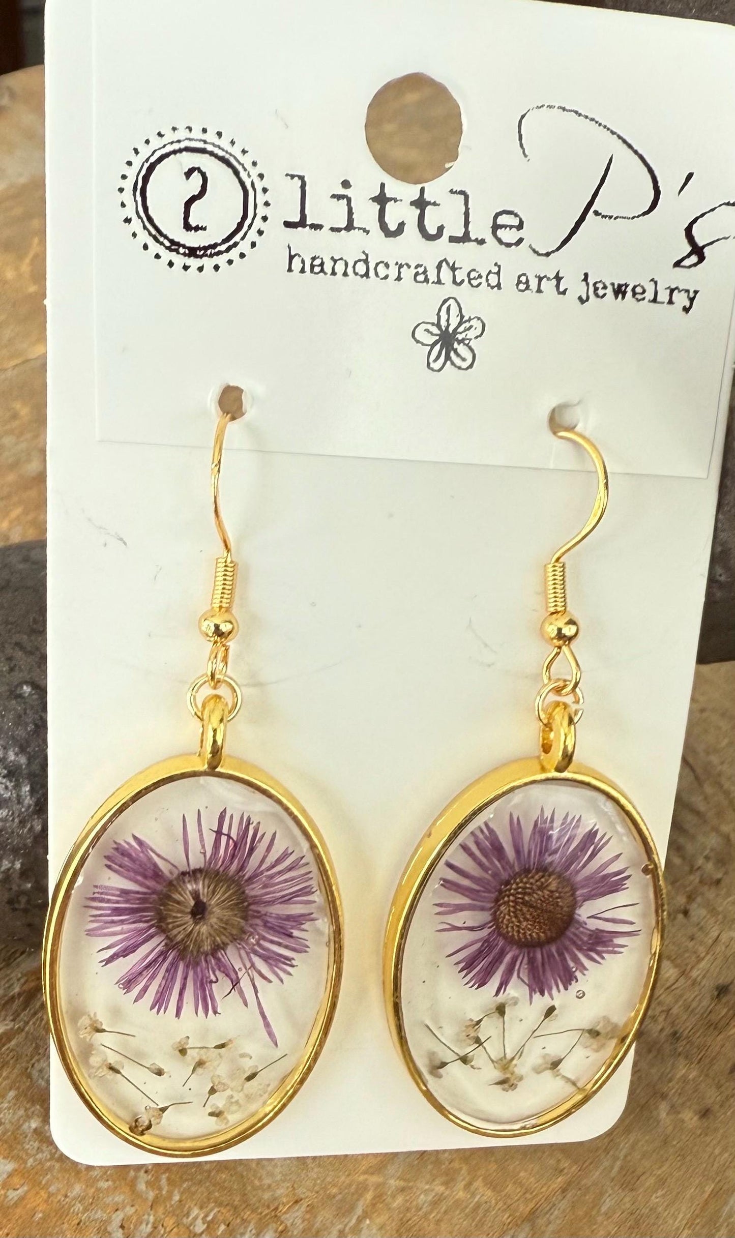 Handmade Floral Earrings with Real Dried Flowers in Gold-Plated Bezel – Unique Botanical Jewelry