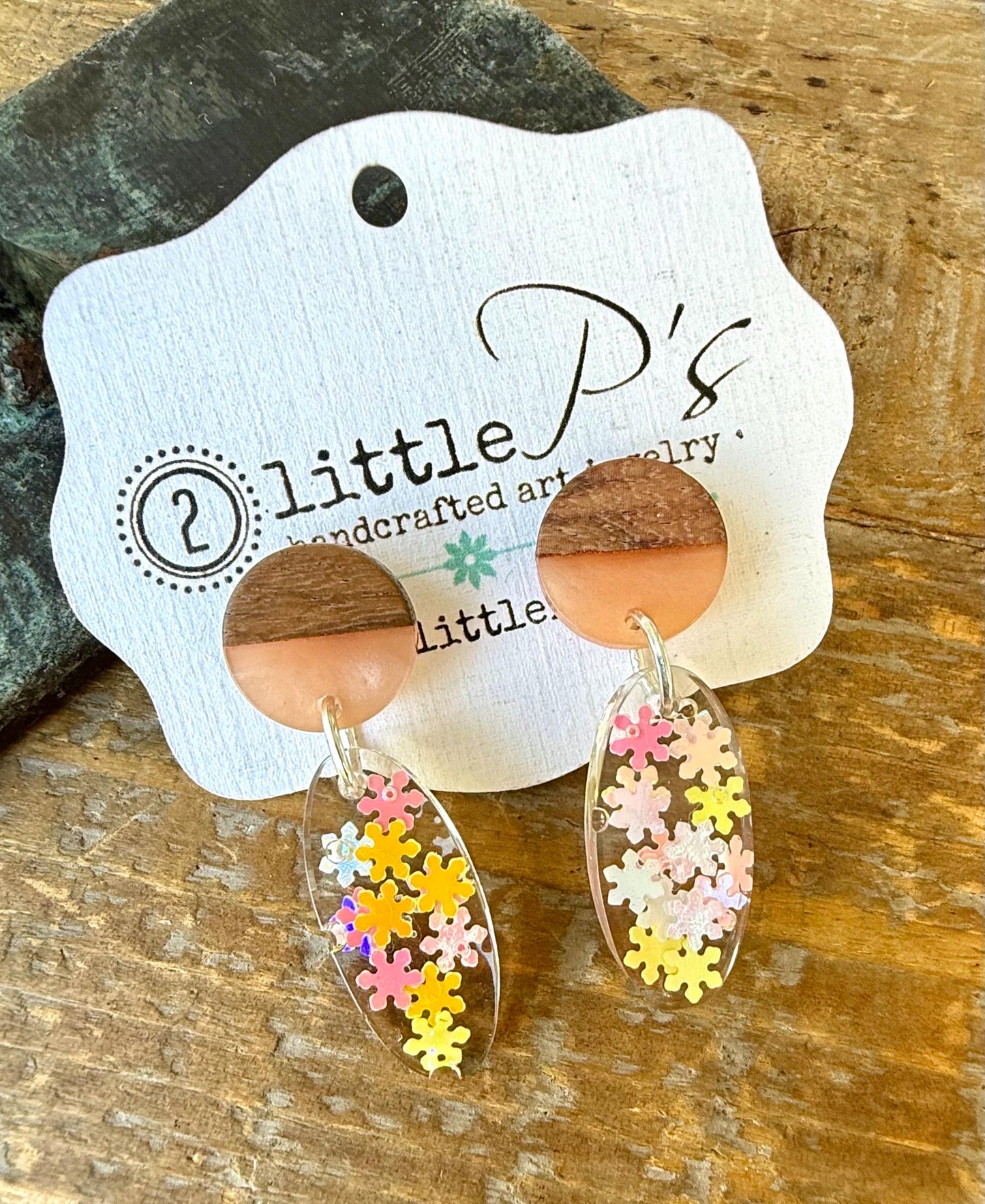 Handcrafted Resin Earrings with Colorful Confetti Flowers – Lightweight Wood & Resin Dangle Earrings