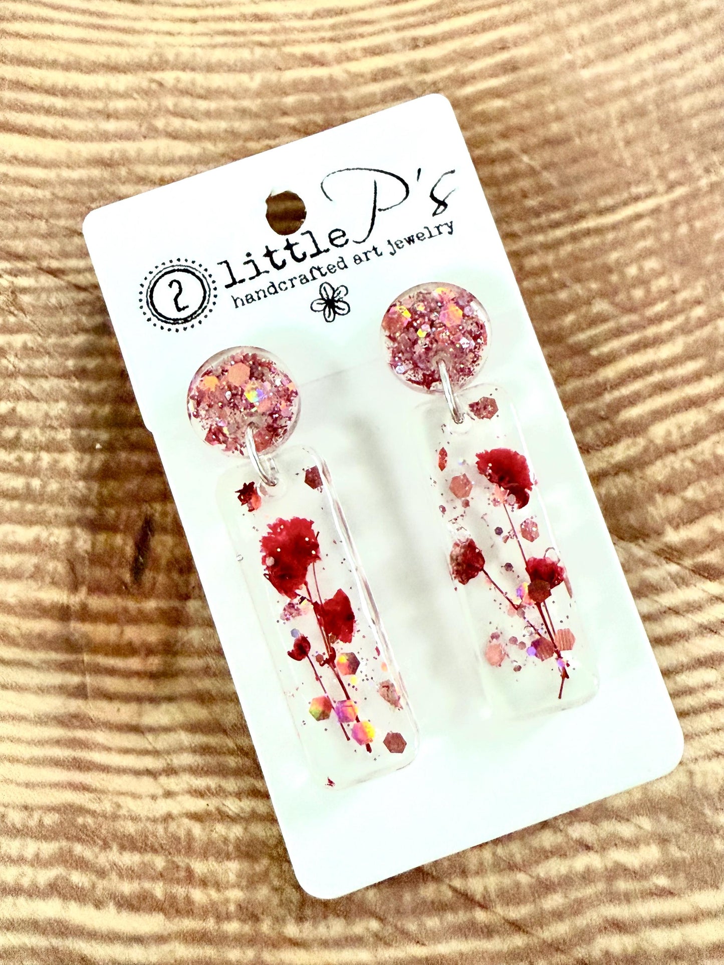 Blushing Bloom Resin Earrings – Pressed Flower Dangle Earrings with Pink Glitter Studs | Lightweight Handmade Gift