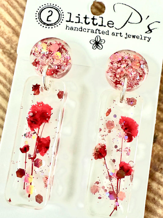 Blushing Bloom Resin Earrings – Pressed Flower Dangle Earrings with Pink Glitter Studs | Lightweight Handmade Gift
