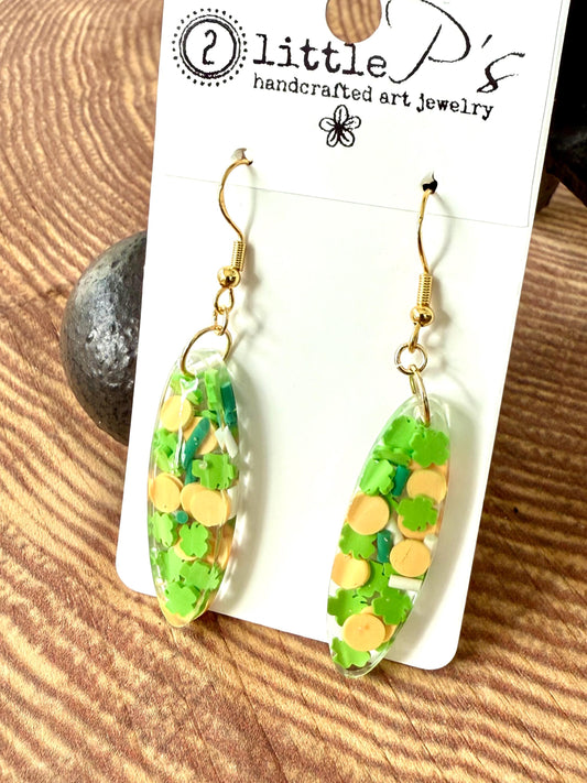 Handcrafted Resin Dangle Earrings with Green Shamrock & Yellow Dot Accents – St. Patrick’s Day Inspired Jewelry