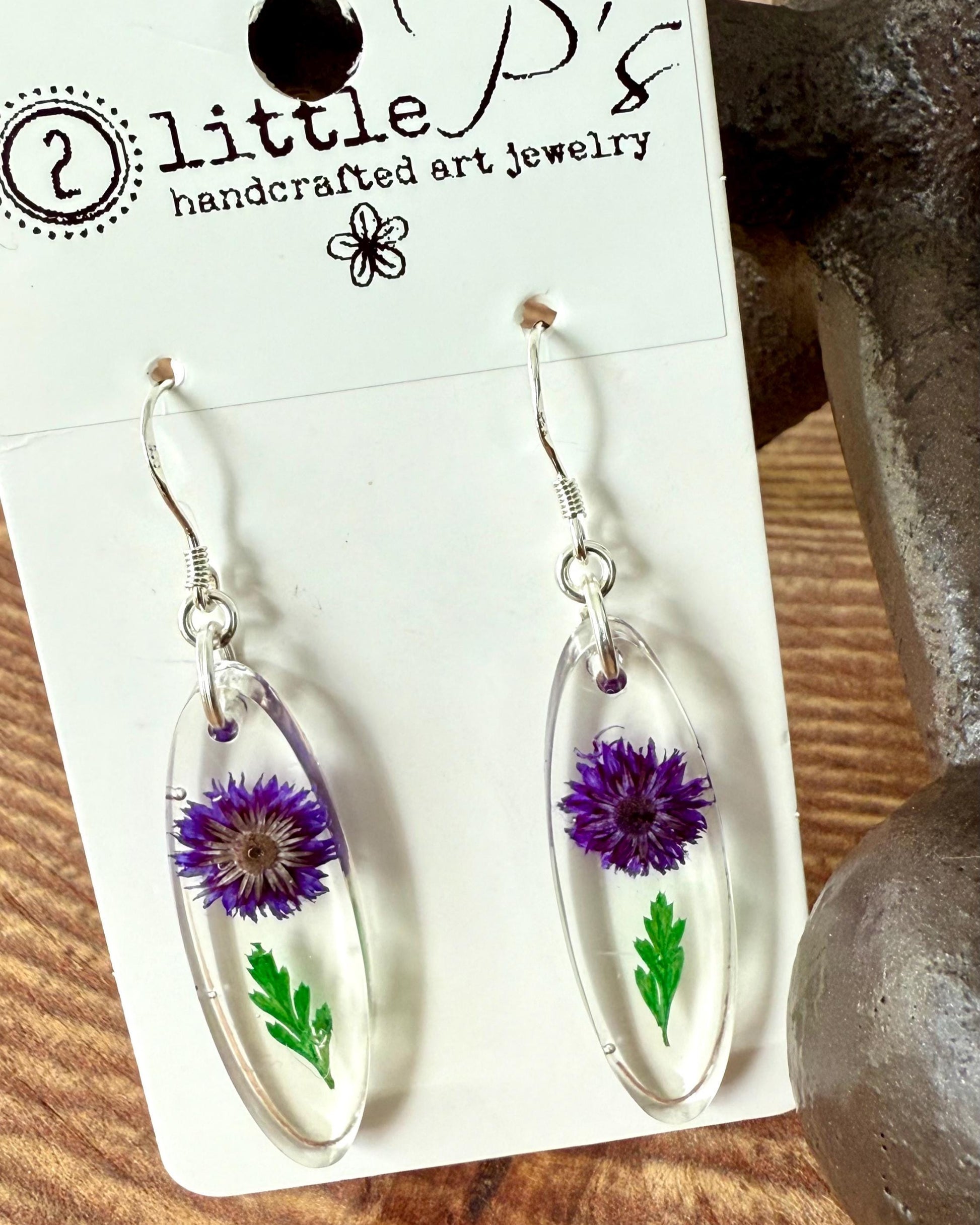 Purple Pressed Flower Earrings – Oval Resin Botanical Jewelry – Handmade Eco-Friendly Gift