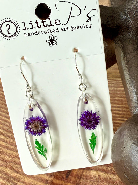 Purple Pressed Flower Earrings – Oval Resin Botanical Jewelry – Handmade Eco-Friendly Gift