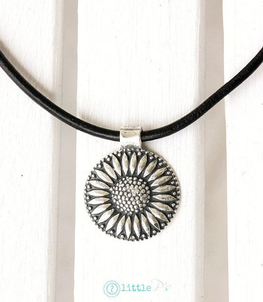 Cowgirl Jewelry ~ Sunflower ~ Pure Fine Silver Cowgirl Sunflower Pendant on Leather