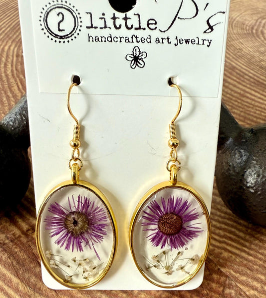 Handmade Floral Earrings with Real Dried Flowers in Gold-Plated Bezel – Unique Botanical Jewelry