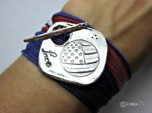 READY TO SHIP Patriot Bracelet, America, American Flag Jewelry, Freedom Bracelet, Silk Wrap Bracelet, Stars and Stripes