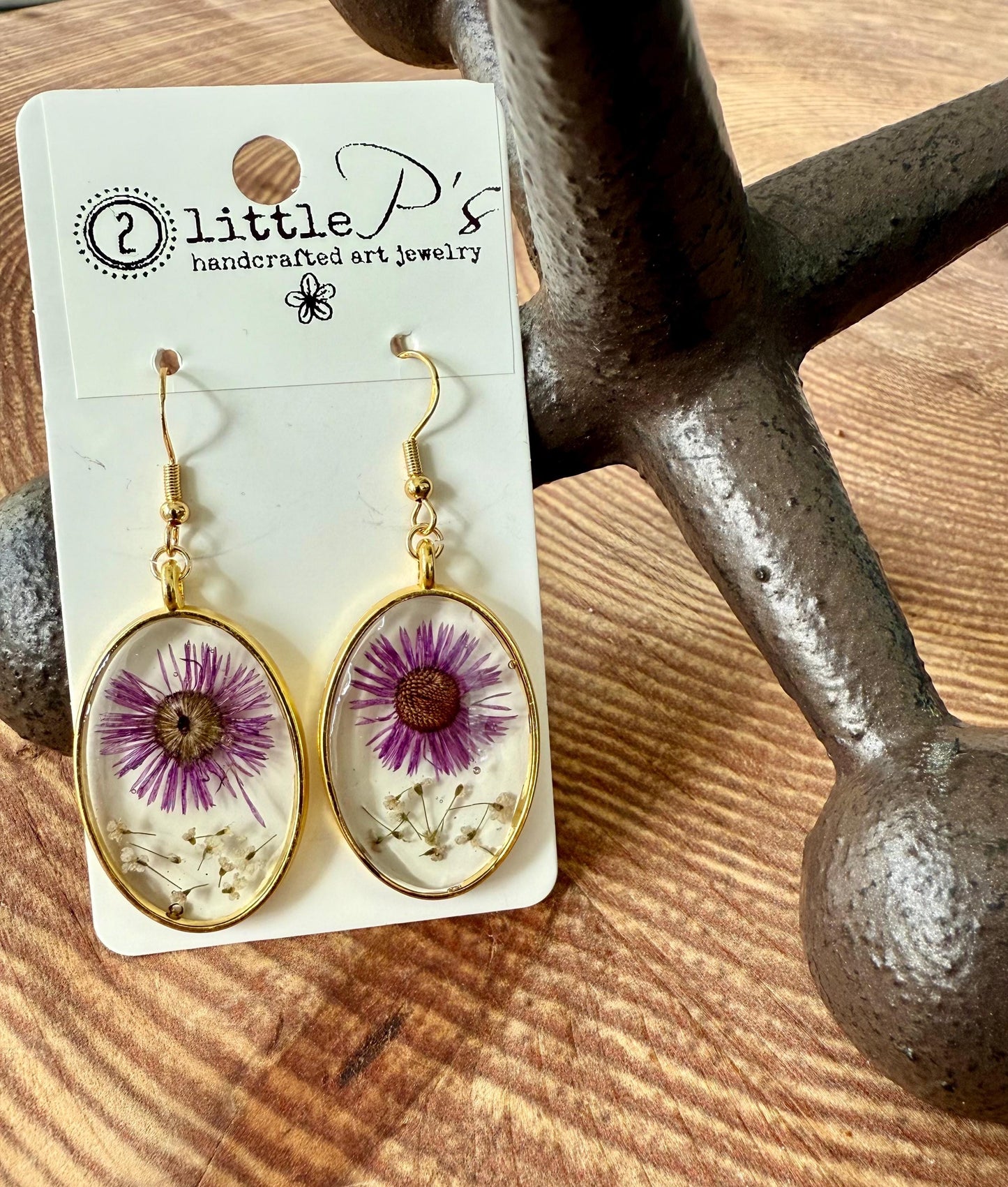 Handmade Floral Earrings with Real Dried Flowers in Gold-Plated Bezel – Unique Botanical Jewelry