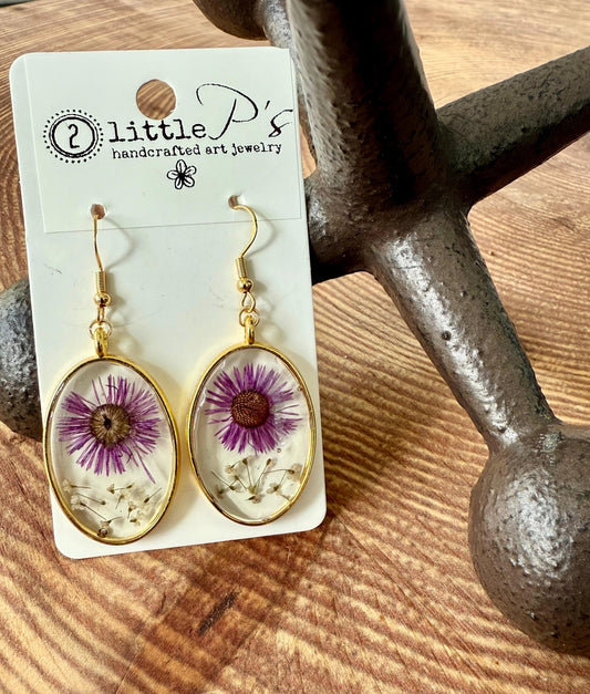 Handmade Floral Earrings with Real Dried Flowers in Gold-Plated Bezel – Unique Botanical Jewelry