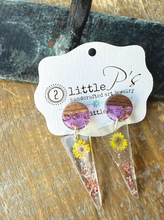 Dried Flower & Wood Resin Earrings – Handcrafted Yellow Bloom Dangles with Purple Resin Tops