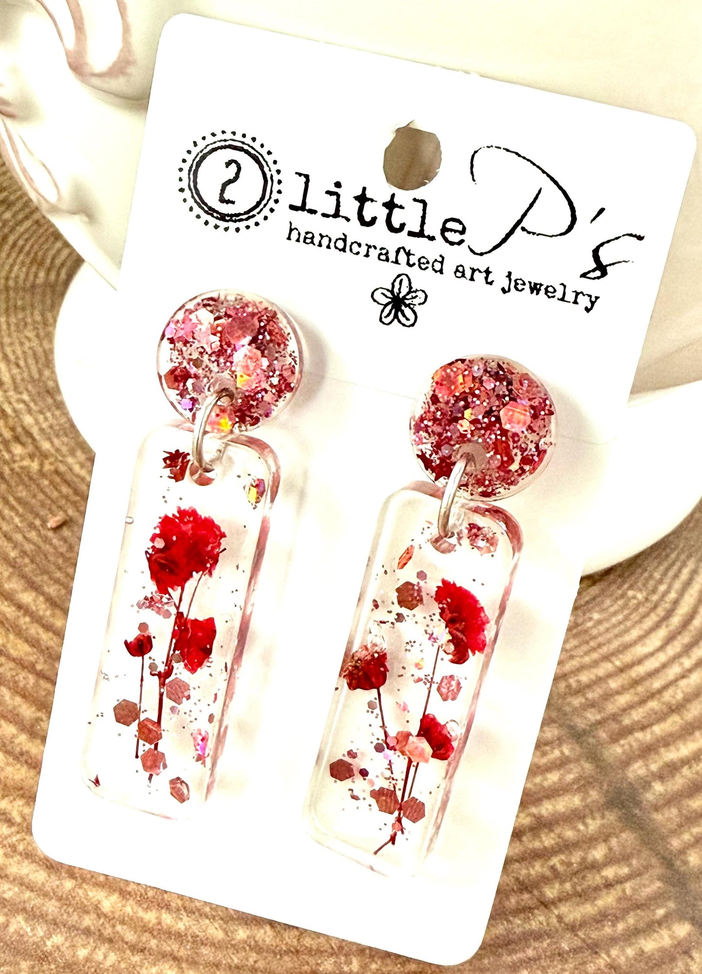 Blushing Bloom Resin Earrings – Pressed Flower Dangle Earrings with Pink Glitter Studs | Lightweight Handmade Gift